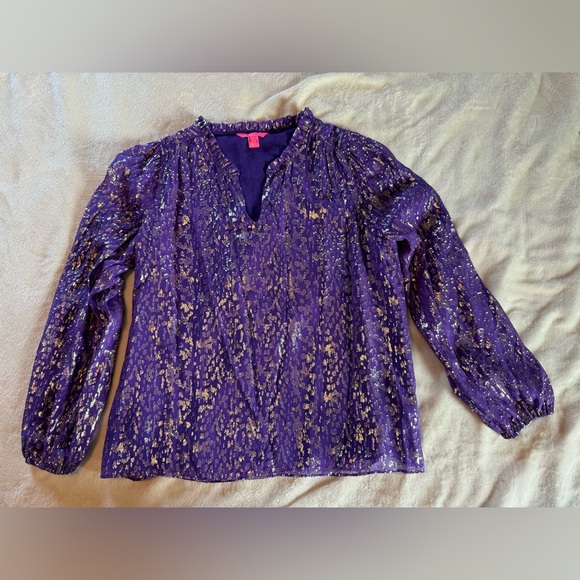 Lilly Pulitzer Purple and Gold Balloon Sleeve Fancy Blouse Med - Picture 1 of 8